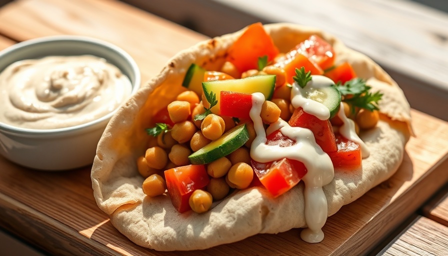 Fresh Greek pita with chickpeas and sauce on wooden board.