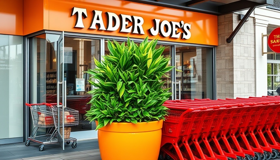 Trader Joe's entrance with red carts and greenery.