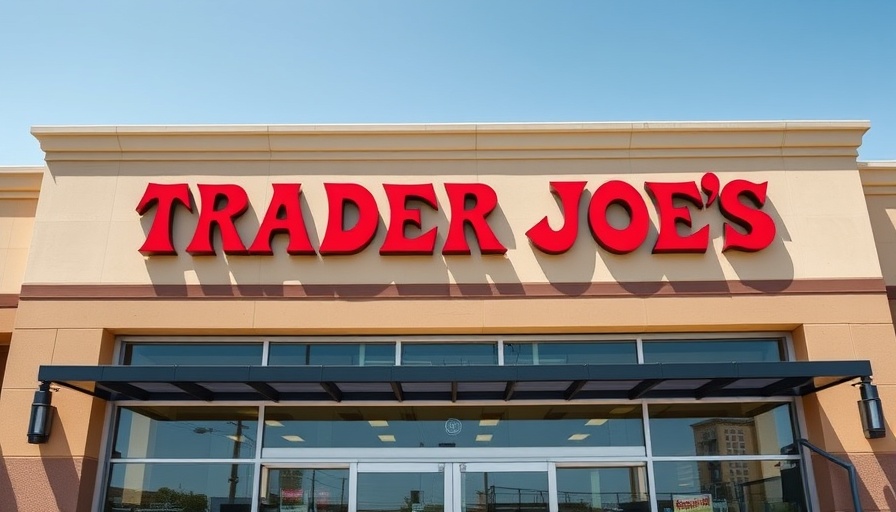 Trader Joe's storefront with red sign under blue sky.