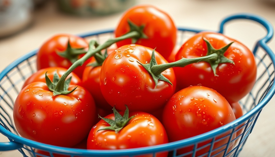 Fresh tomatoes in blue colander on countertop, how to store tomatoes.