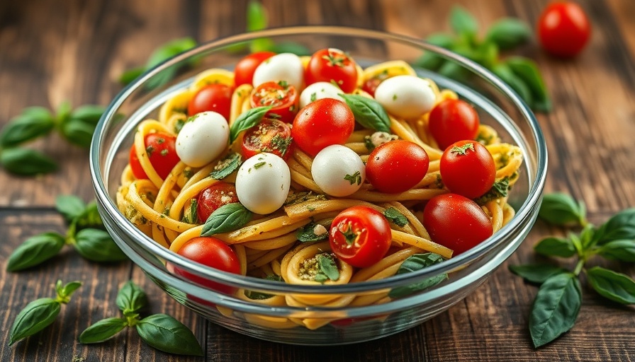 Colorful pesto pasta salad in a glass bowl on a rustic table.