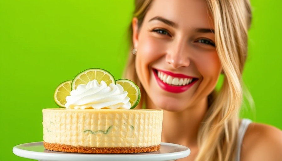 Cheerful woman with a key lime pie, vibrant background.