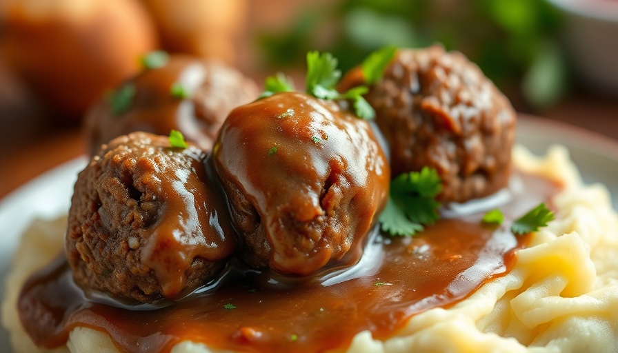 Salisbury steak meatballs on mashed potatoes with gravy.