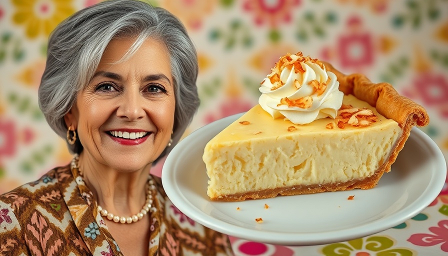 Laura Bush's Buttermilk Coconut Pie next to smiling woman.