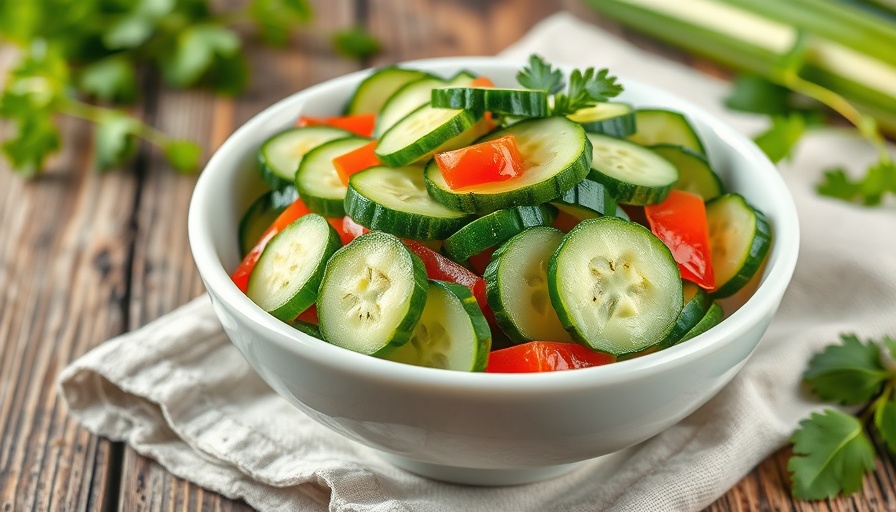 Fresh cucumber salad in a white bowl with rustic background.
