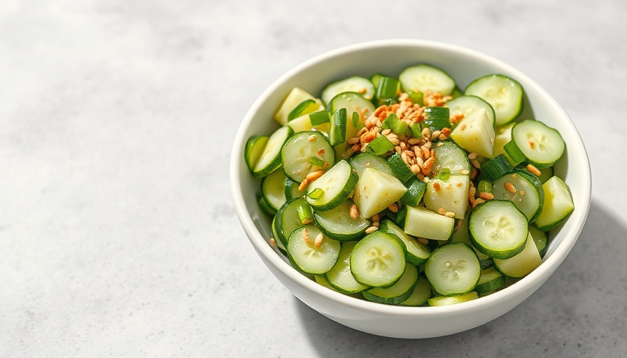 Asian cucumber salad with sesame seeds and green onions in a ceramic bowl.
