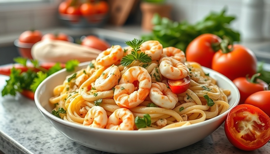 Creamy shrimp pasta salad in bowls with fresh garnish.