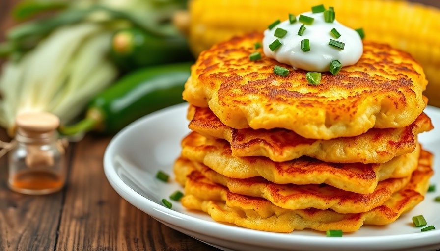 Quick corn fritters recipe with sour cream topping on a plate.