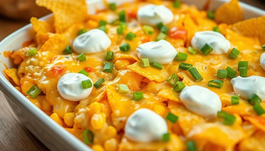 Delicious summer casserole with corn chips and toppings.