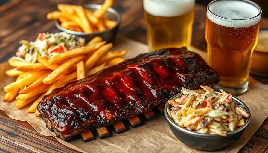Juicy spareribs with fries and coleslaw on rustic paper.