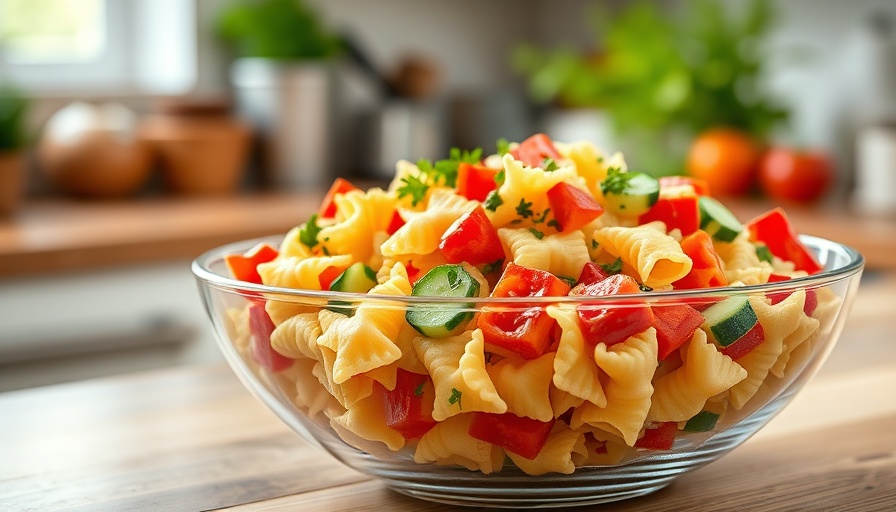 Flavorful pasta salad with colorful vegetables and herbs in a bowl.