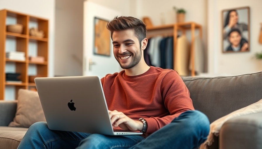 Smiling man explores FHA home loans for first-time buyers on laptop.
