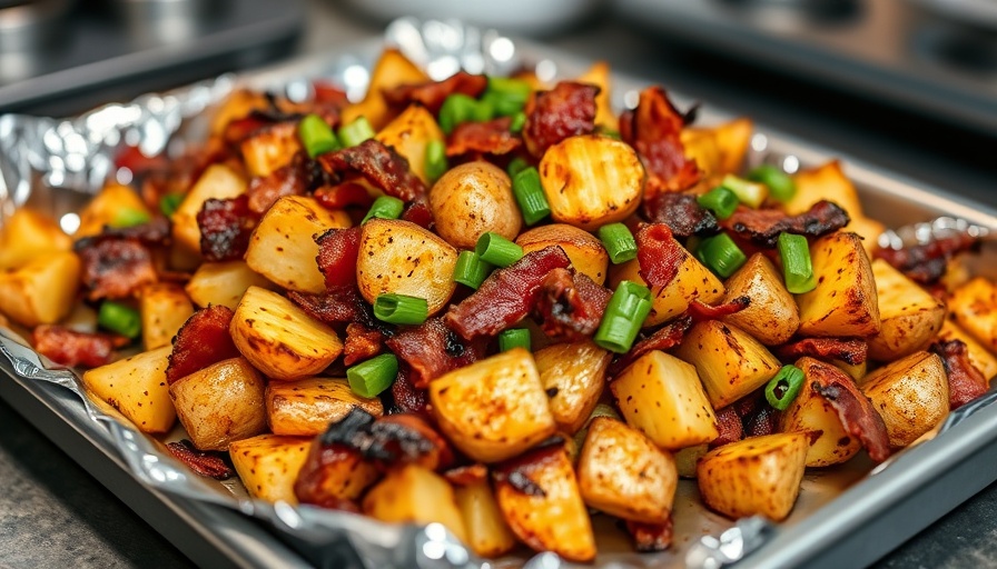 Delicious grilled potatoes recipe on foil with bacon and greens