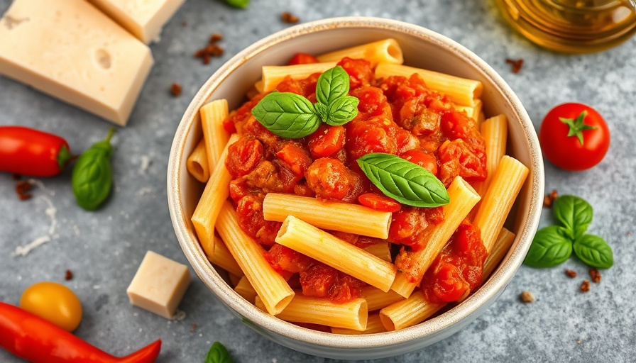 Spicy Rigatoni Arrabbiata in a bowl with garnishes.