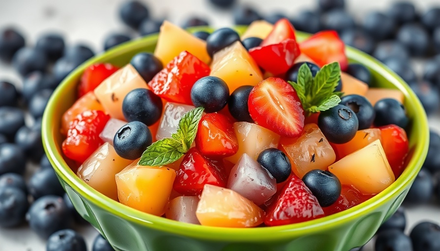 Rosa Marina fruit salad with colorful cherries and cream topping.