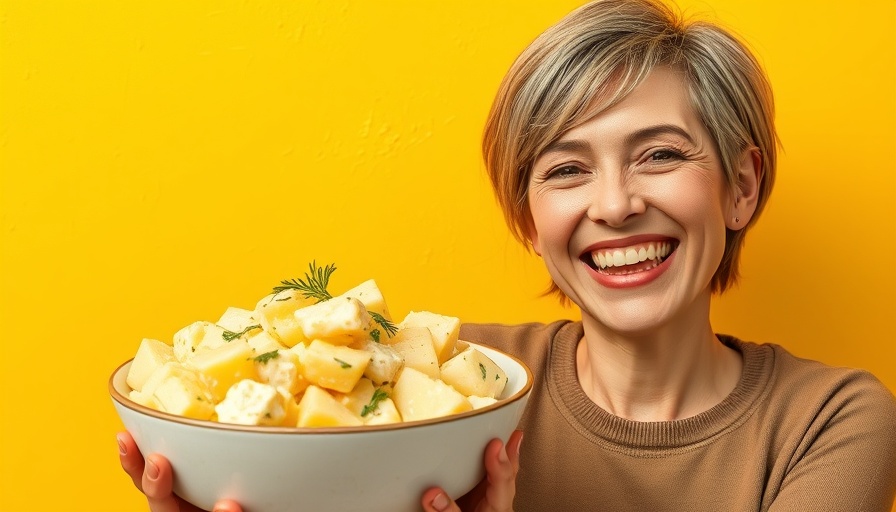 Cheerful woman with potato salad, showcasing secret ingredient.