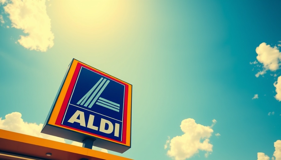 Aldi store sign on a sunny day with blue sky background.