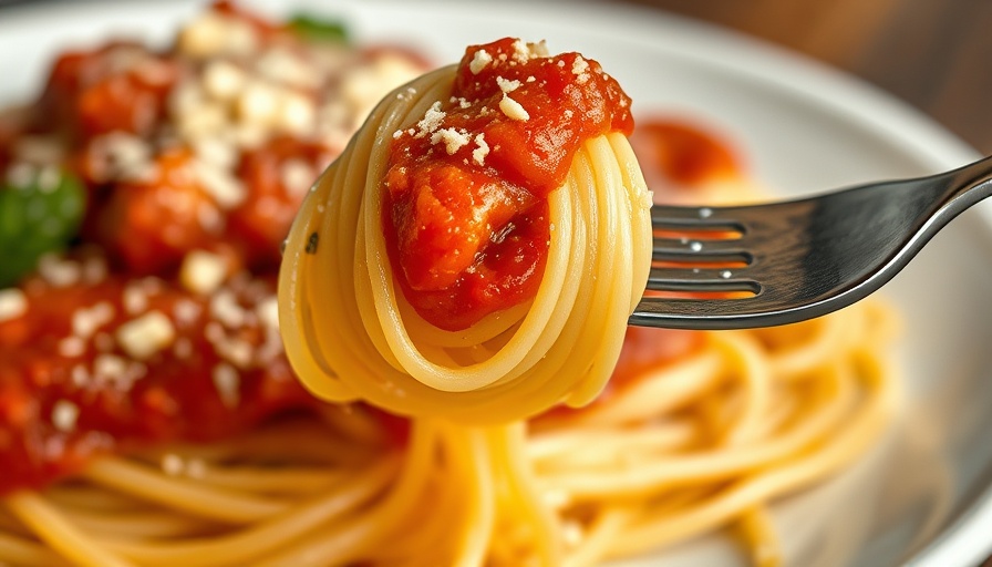 Spaghetti with best jarred marinara sauce twirled on a fork.