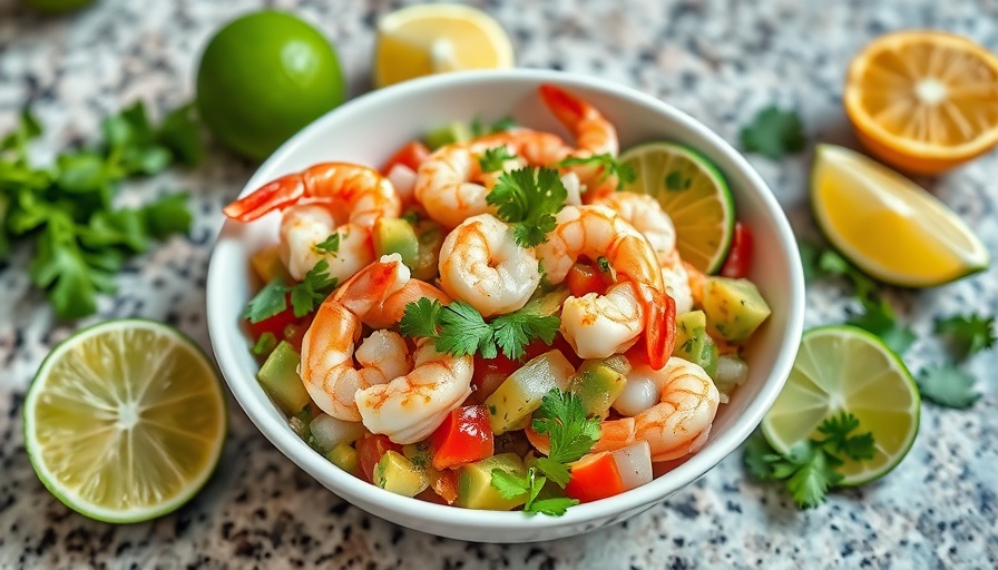 Colorful shrimp ceviche recipe with avocado and lime.