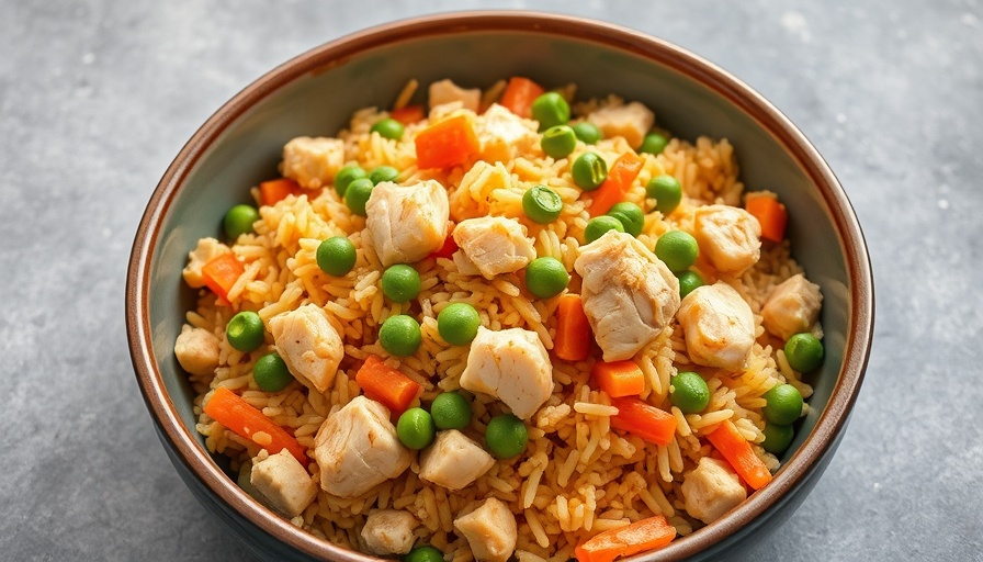 Vibrant chicken fried rice in a grey bowl with vegetables.