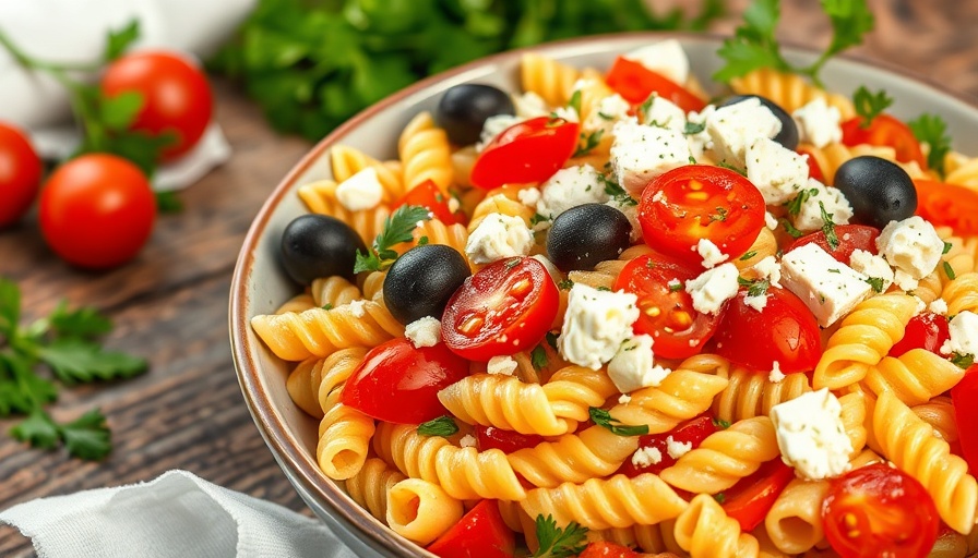 Colorful fresh pasta salad with cucumbers and tomatoes.