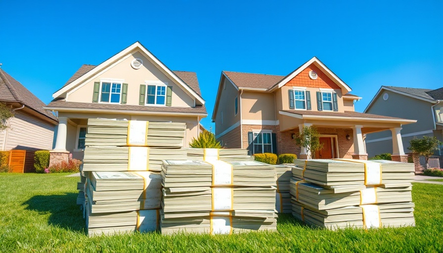 Stacks of cash with houses in background, buy your next house in cash concept.