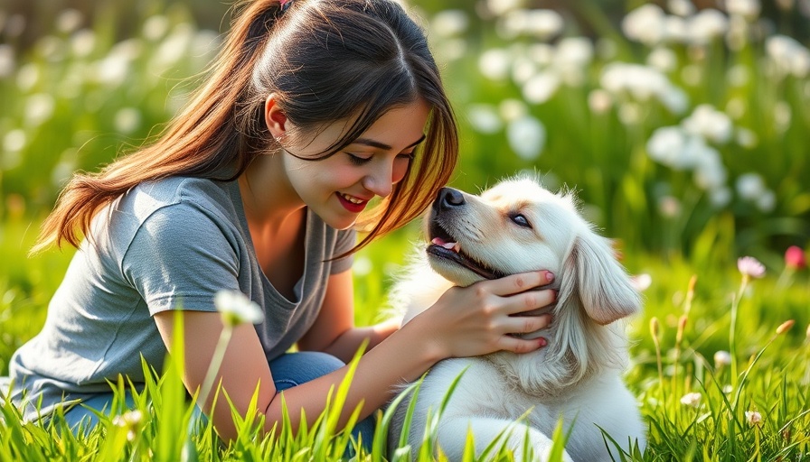 Young woman grooming a fluffy dog outdoors, exemplifying responsible pet ownership.