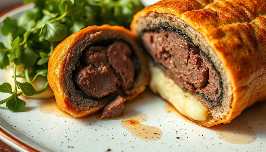 Perfect Beef Wellington recipe with greens and potatoes.