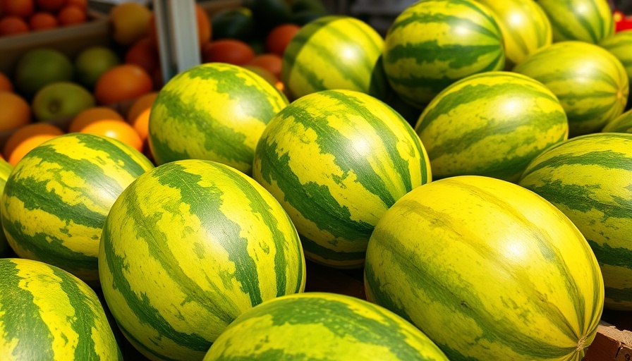 Ripe watermelons at market stand in bright light.