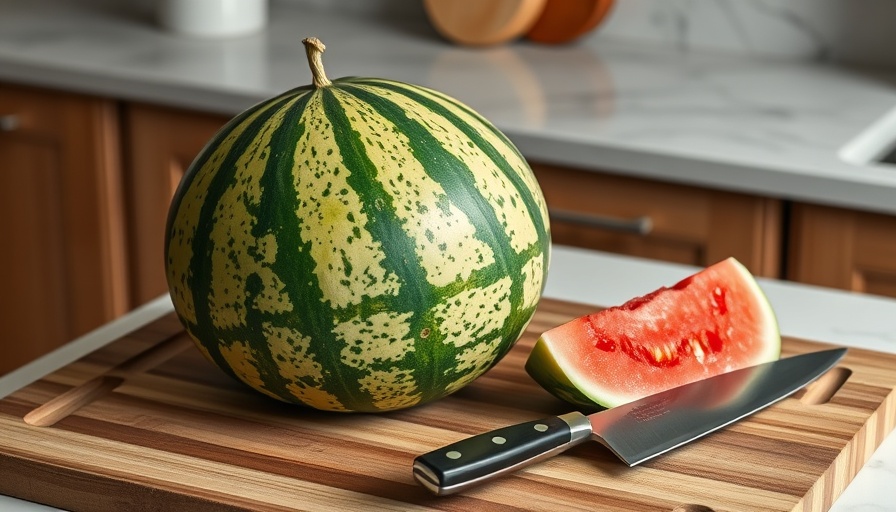 Whole watermelon and knife on board, ready to cut.