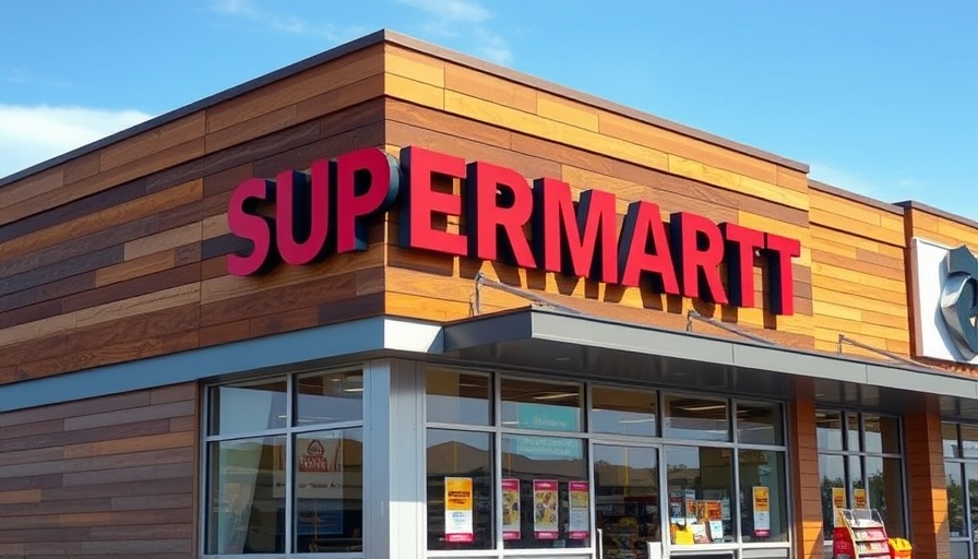 Modern supermarket building with colorful sign under clear sky.