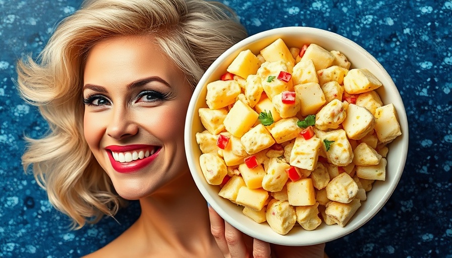 Vibrant collage with potato salad and smiling woman, Dolly Parton's Potato Salad Recipe.