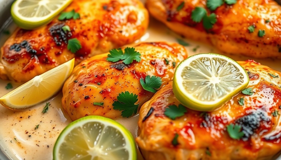 Easy chicken skillet dinner with creamy sauce and garnishes.
