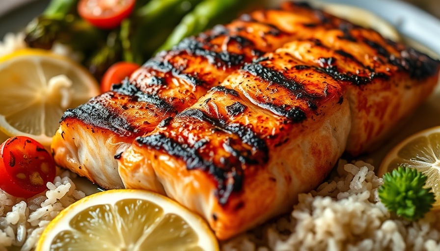 Grilled salmon recipe with rice and vegetables on a plate.