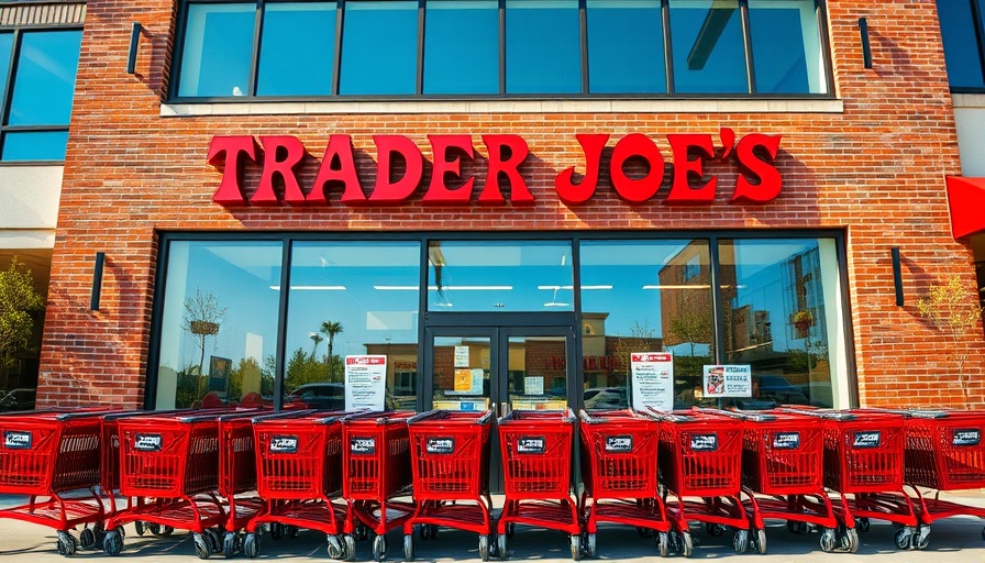Trader Joe's store exterior with red carts lined up outside.