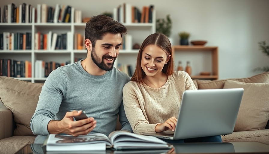 Couple researching down payment assistance at home.
