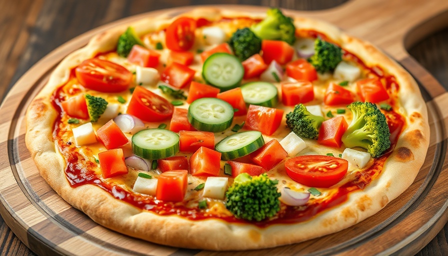 Colorful homemade veggie pizza with fresh toppings on wooden board.