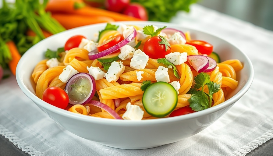 Colorful summer pasta salad with fresh veggies and feta cheese.