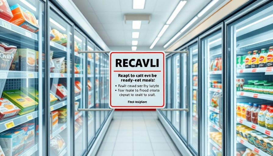 Supermarket refrigerated section with recall sign for ready-to-eat meals.