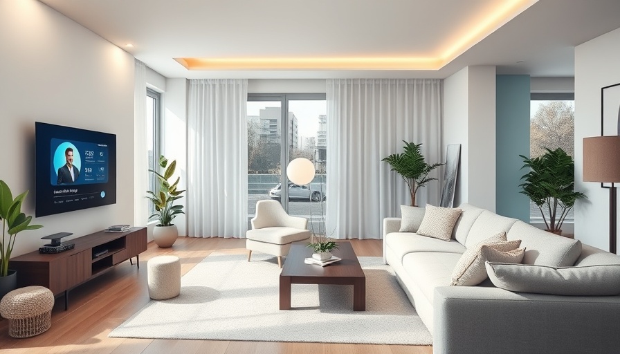 Modern living room with smart energy monitor, bright interior.