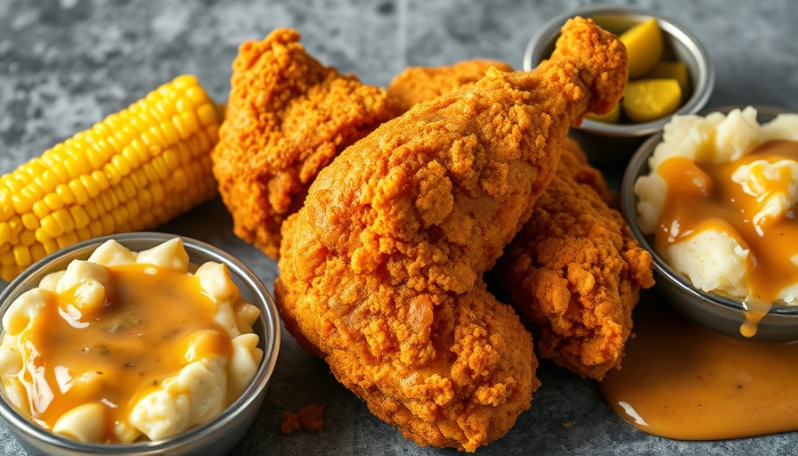 Crispy golden oven fried chicken recipe with sides of corn and mashed potatoes.