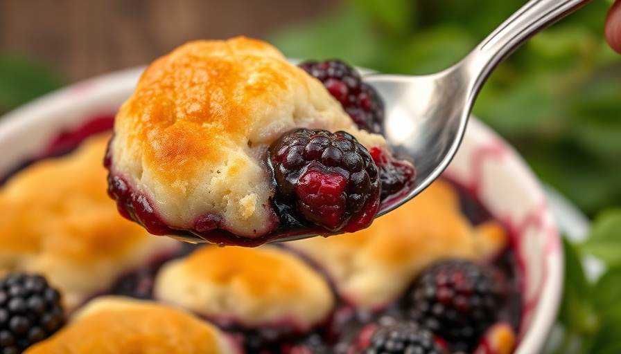 Fresh blackberry cobbler in a white dish with golden topping being scooped.