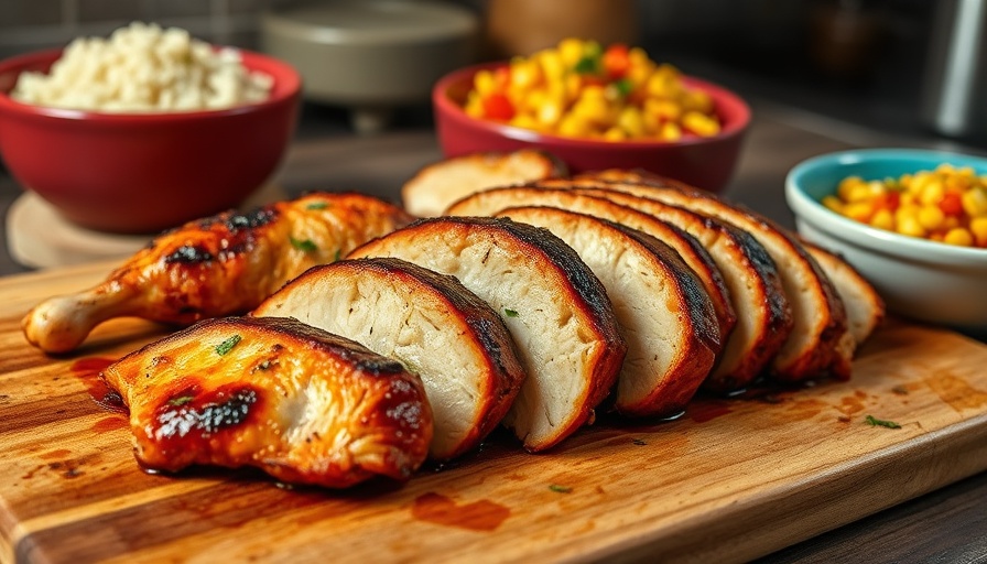 Grilled chicken slices on board with rice and corn salsa.