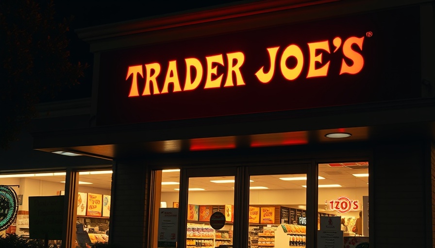 Trader Joe's store entrance with glowing red sign at night.