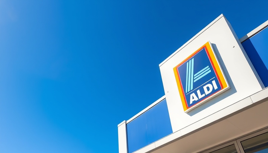 Aldi store exterior with vibrant signage, clear sky.