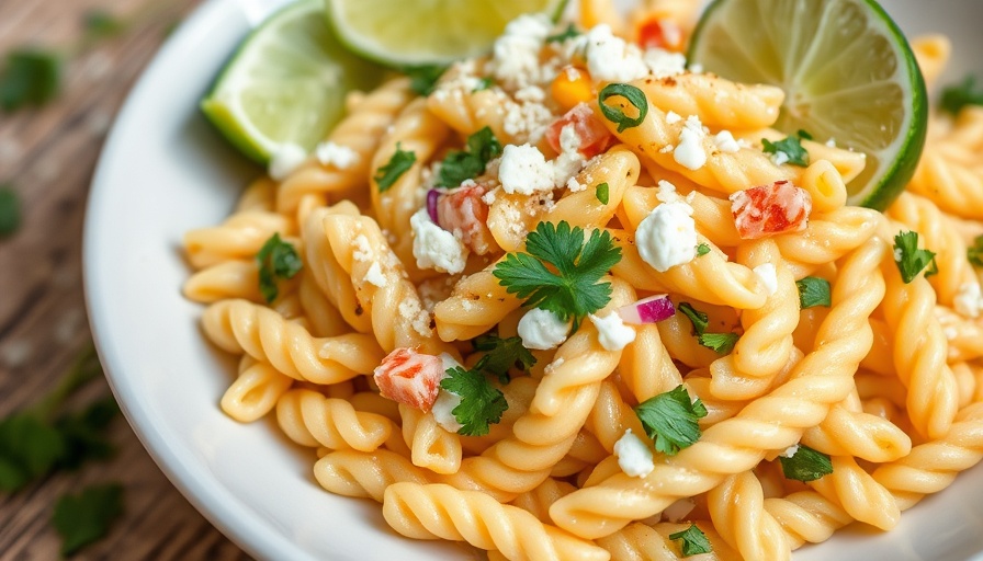 Appetizing elote pasta salad with corn and cilantro on a plate.