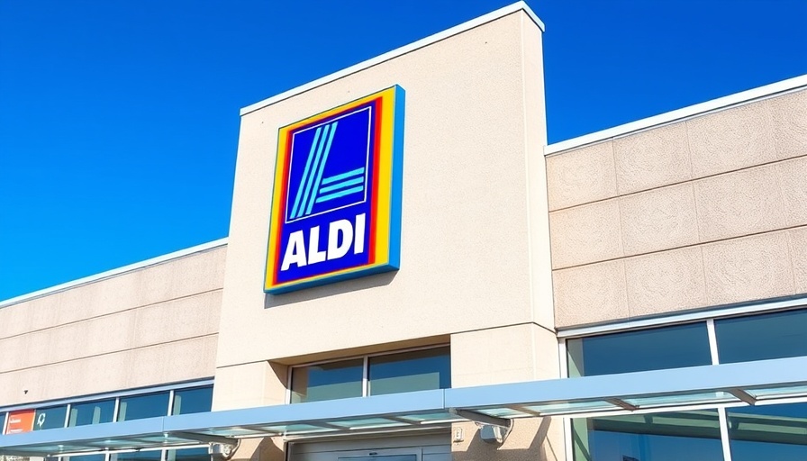ALDI supermarket with a prominent logo under a blue sky.