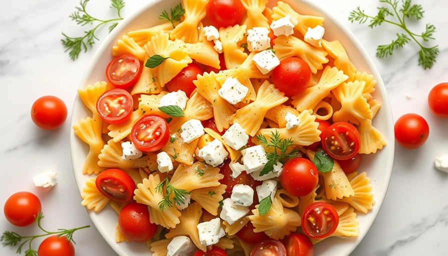 Colorful Greek pasta salad with cherry tomatoes and feta cheese.