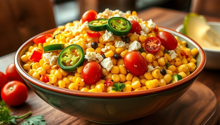 Vibrant Mexican corn salad with jalapeños and cheese.