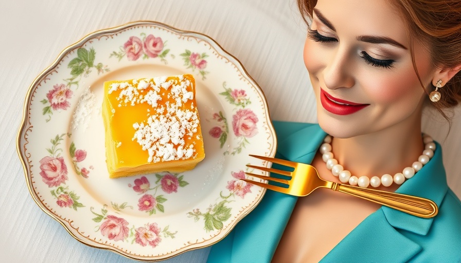 Lady Bird Johnson lemon squares on floral plate with smiling woman.